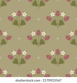 Seamless floral pattern with bouquets of strawberry plant. Blooming branches with flowers, leaves and ripe berries. On golden gray background. Folk style. 