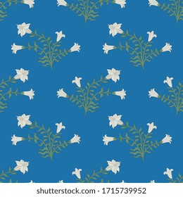Seamless floral pattern. Bouquets of white lilies. Datura plant bushes. 