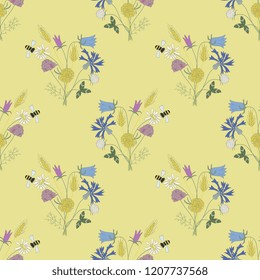 Seamless floral pattern with bouquets of wild field or meadow flowers and bees. Vintage style. Based on children's drawing.