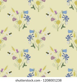 Seamless floral pattern with bouquets of wild field or meadow flowers and bees. Vintage style. Based on children's drawing.