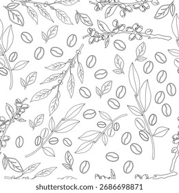 Seamless floral pattern. Branch with leaves. vector illustration of coffee branch. Coffee plant branch with leaf. Hand drawn Coffee tree vector. Coffee beans and leaves. Branch of a plant.	
