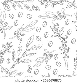 Padrão floral perfeito. Branch com folhas. ilustração vetorial de ramo de café. Ramo de planta de café com folha. Vetor de árvore de café desenhado à mão. Grãos de café e folhas. Sucursal de uma planta.	
