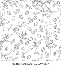 Patrón floral sin fisuras. Rama con hojas. Ilustración vectorial de la rama de café. Rama de planta de café con hoja. Vector de árbol de café dibujado a mano. Granos de café y hojas. Rama de una planta.	

