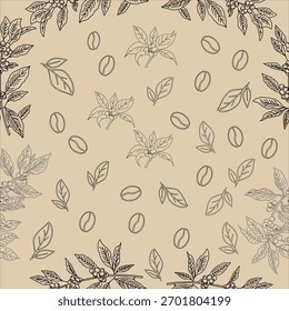 Nahtloses Blumenmuster. Zweig mit Blättern. Vektorgrafik des Kaffeezweiges. Kaffeepflanzenzweig mit Blatt. Handgezeichneter Kaffeebaumvektor. Kaffeebohnen und Blätter. Zweig einer Pflanze