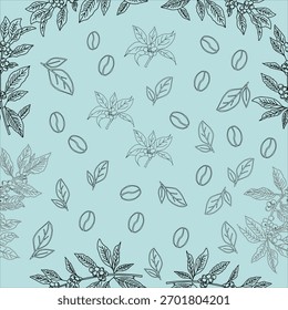 Patrón floral sin fisuras. Rama con hojas. Ilustración vectorial de la rama de café. Rama de planta de café con hoja. Vector de árbol de café dibujado a mano. Granos de café y hojas. Rama de una planta