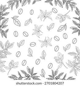 Nahtloses Blumenmuster. Zweig mit Blättern. Vektorgrafik des Kaffeezweiges. Kaffeepflanzenzweig mit Blatt. Handgezeichneter Kaffeebaumvektor. Kaffeebohnen und Blätter. Zweig einer Pflanze