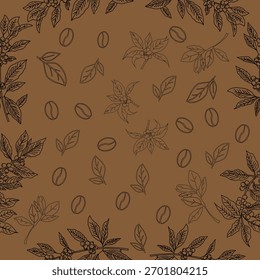 Nahtloses Blumenmuster. Zweig mit Blättern. Vektorgrafik des Kaffeezweiges. Kaffeepflanzenzweig mit Blatt. Handgezeichneter Kaffeebaumvektor. Kaffeebohnen und Blätter. Zweig einer Pflanze