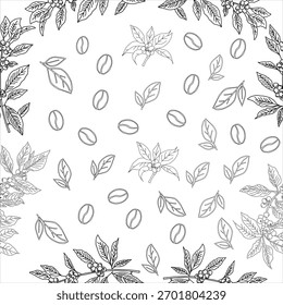 Nahtloses Blumenmuster. Zweig mit Blättern. Vektorgrafik des Kaffeezweiges. Kaffeepflanzenzweig mit Blatt. Handgezeichneter Kaffeebaumvektor. Kaffeebohnen und Blätter. Zweig einer Pflanze