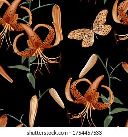 Seamless floral pattern with a branch of orange lily and a butterfly on a black background. Lilium lancifolium. Tropical pattern. Stock vector illustration.