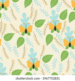 Seamless floral pattern and branch with turquoise leaves and branch with yellow round berries and butterfly, Vector seamless colored background for wallpaper and textiles