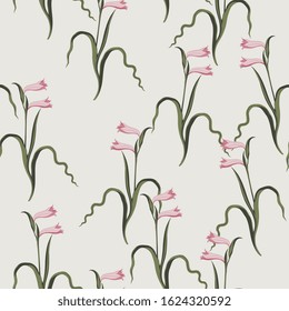 Seamless floral pattern with branches of beautiful pink lily or gladioli flowers.