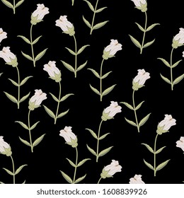 Seamless floral pattern with branches of bell flower. Campana Lilac Campanula.
