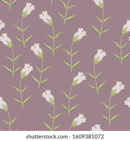 Seamless floral pattern with branches of bell flower. Campana Lilac Campanula.
