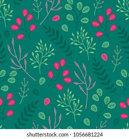 Seamless floral pattern with branches and berries on green background. Perfect for summer greeting cards and wedding invitation