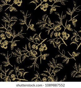 Seamless floral pattern with branches of blackthorn shrub. Golden silhouettes on black background. Vintage style. Based on hand drawn linear sketch.