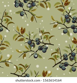 Seamless floral pattern with branches of blackthorn with fruits and snowflakes.