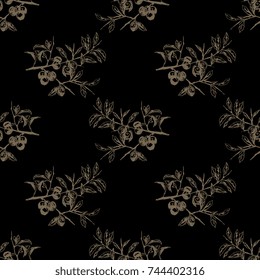 Seamless floral pattern with branches of blackthorn bush. Golden silhouettes on black background. Vector based on hand drawn ink sketch.