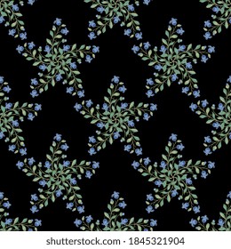 Seamless floral pattern with branches of blue flowers. Blooming branches as five point star shapes.