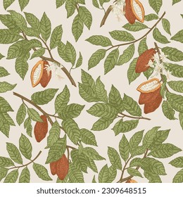 Seamless floral pattern. Branches of cocoa with fruits and flowers. Vector botanical illustration. Colorful.