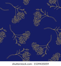 Seamless floral pattern with branches of cornflower. Hand drawn linear sketches.