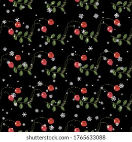 Seamless floral pattern with branches of cranberry plant with red berries under snowflakes. Cute seasonal motif. On black background.