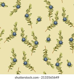 Seamless floral pattern with branches of crowberry or blackberry plant. Empetrum nigrum. Green leaves and blue berries on yellow background.