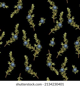 Seamless floral pattern with branches of crowberry or blackberry plant. Empetrum nigrum. Green leaves and blue berries on black background.