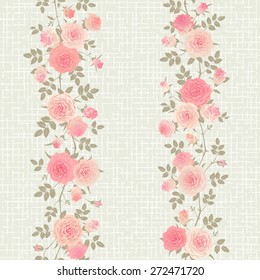 Seamless floral pattern. Branches of english roses on a coarse fabric background. Vector ornament with climbing roses.