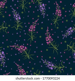 Seamless floral pattern with branches of fireweed flowers. Ivan Chai. Hand drawn botanical illustration isolated on dark background, texture for wallpaper, textile, package tea