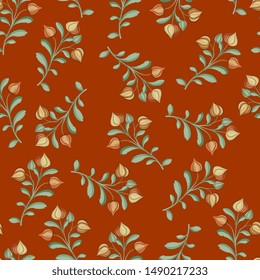 Seamless floral pattern with branches of flowers in folk style. 