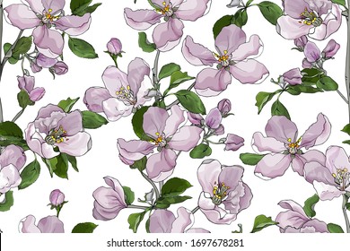 Diseño floral sin fisuras con ramas, cerezo florido, ramas floridas sakura o flor de manzana y hojas verdes sobre fondo blanco. Dibujado a mano. Estilo acuarela.  