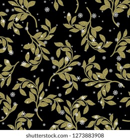 Seamless floral pattern with branches of golden leaves and snowflakes.