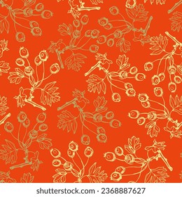 Seamless floral pattern with branches of hawthorn tree. Golden silhouettes on red background. Hand drawn linear sketches.