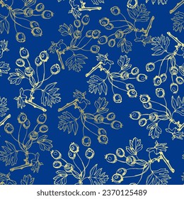 Seamless floral pattern with branches of hawthorn tree. Golden silhouettes on blue background. Hand drawn linear sketches.