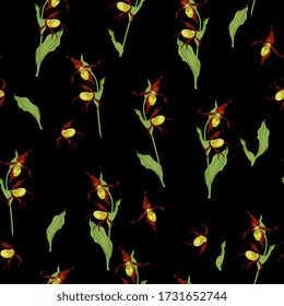 Seamless floral pattern with branches of Lady's slipper flower. Wild orchid. Cypripedium calceolus.