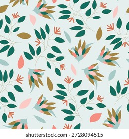 Padrão floral perfeito com ramos, hastes folhosas, elementos de brotamento e flores decorativas com pétalas douradas, folhagem verde vibrante, tons verdes profundos e cores laranja rosadas. Ideal para texto