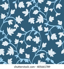 Seamless floral pattern with branches and leaves in winter style, abstract texture, endless background. White on blue, vector illustration.