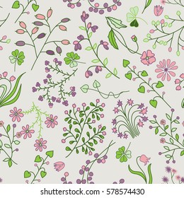 Seamless Floral Pattern with branches, leaves and flowers.