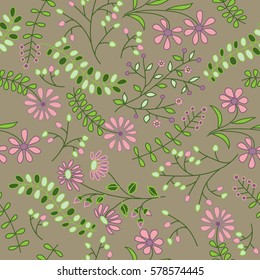 Seamless Floral Pattern with branches, leaves and flowers.