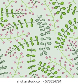 Seamless Floral Pattern with branches, leaves and berries.