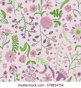 Seamless Floral Pattern with branches, leaves and flowers.