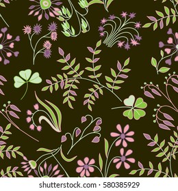 Seamless Floral Pattern with branches, leaves and flowers.