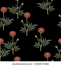 Seamless floral pattern with branches of marigold flower. (Tagétes). On black background.