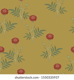Seamless floral pattern with branches of marigold flower. (Tagétes). On black background.
