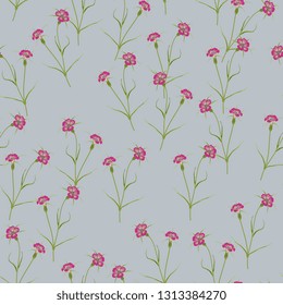 Seamless floral pattern with branches of meadow flowers. Corn cockle or wild carnation.