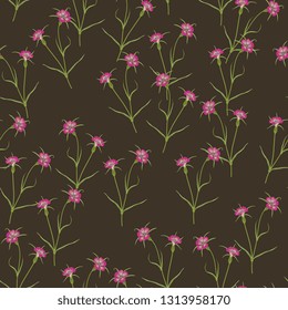 Seamless floral pattern with branches of meadow flowers. Corn cockle or wild carnation.