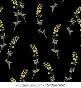 Seamless floral pattern with branches of Meadow Vetchling flower. Lathyrus pratensis. Vintage style.