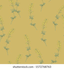 Seamless floral pattern with branches of Meadow Vetchling flower. Lathyrus pratensis. Vintage style.