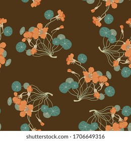 Seamless floral pattern with branches of nasturtium plant.