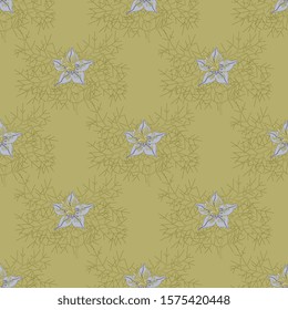 Seamless floral pattern with branches of Nigella Sativa flower. Black seed or black caraway plant.